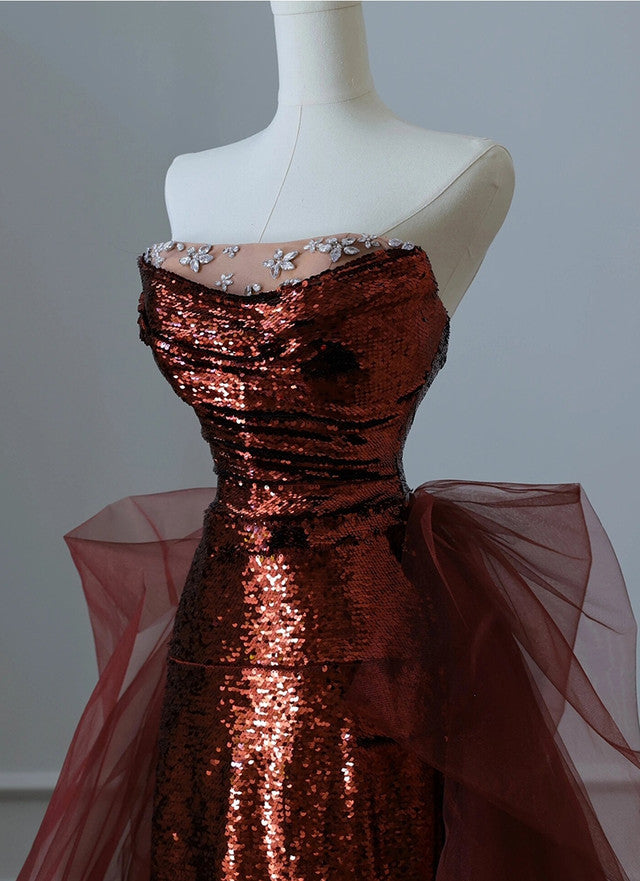 Burgundy Mermaid Sequins Tulle Strapless Prom Dress Evening Dresses DP298