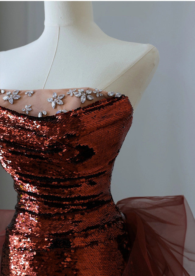 Burgundy Mermaid Sequins Tulle Strapless Prom Dress Evening Dresses DP298