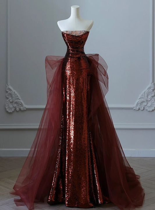 Burgundy Mermaid Sequins Tulle Strapless Prom Dress Evening Dresses DP298