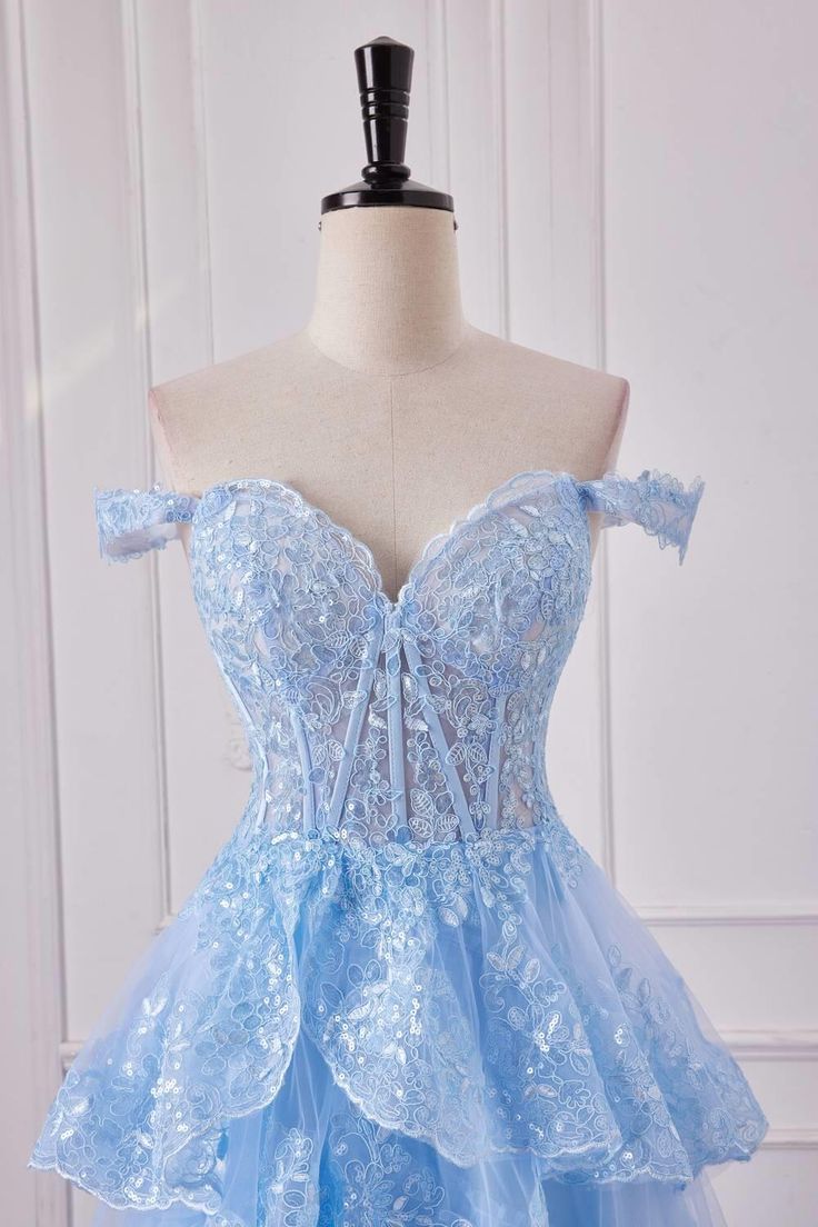 Off the Shoulder Light Blue Ruffles Prom Dress Party Gown Evening Dresses DP299