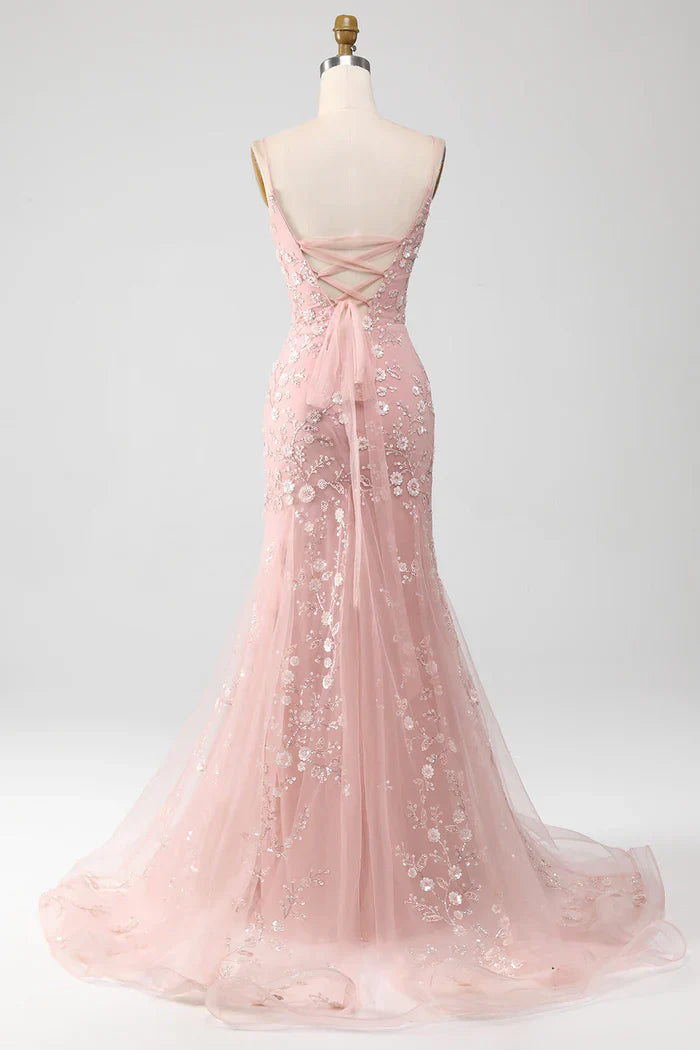 Mermaid Blush Spaghetti Straps Prom Dress With Appliques Evening Dresses DP300