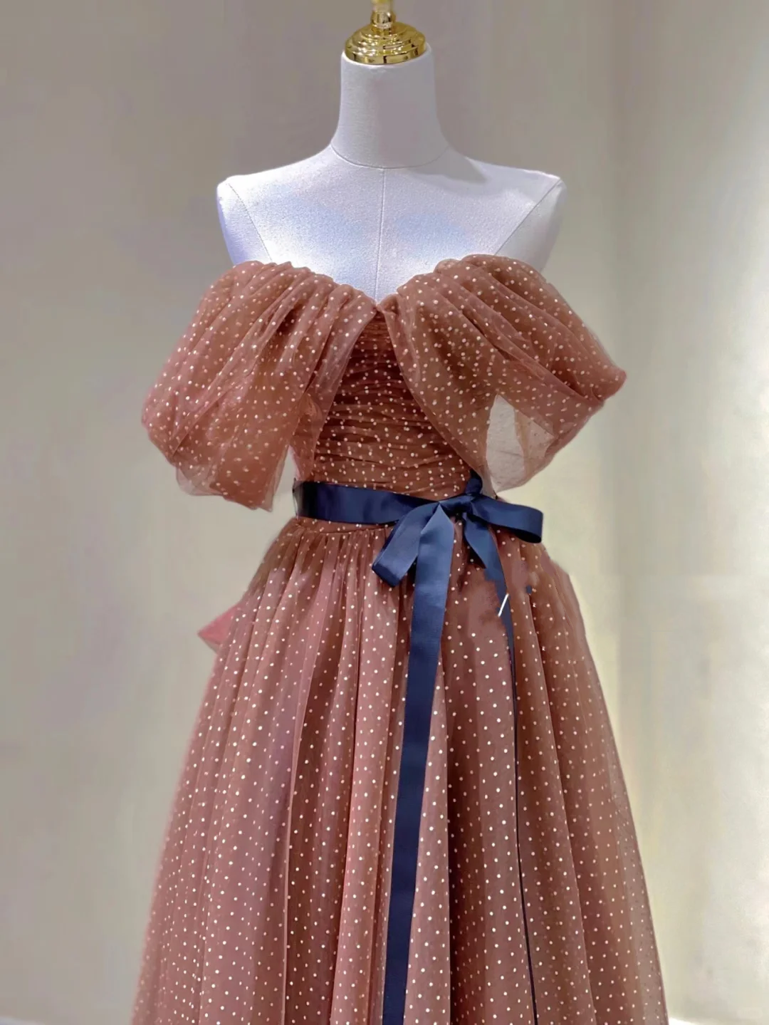 Pretty A line Off The Shoulder Brown Tulle Long Prom Dresses Evening Dresses DP330