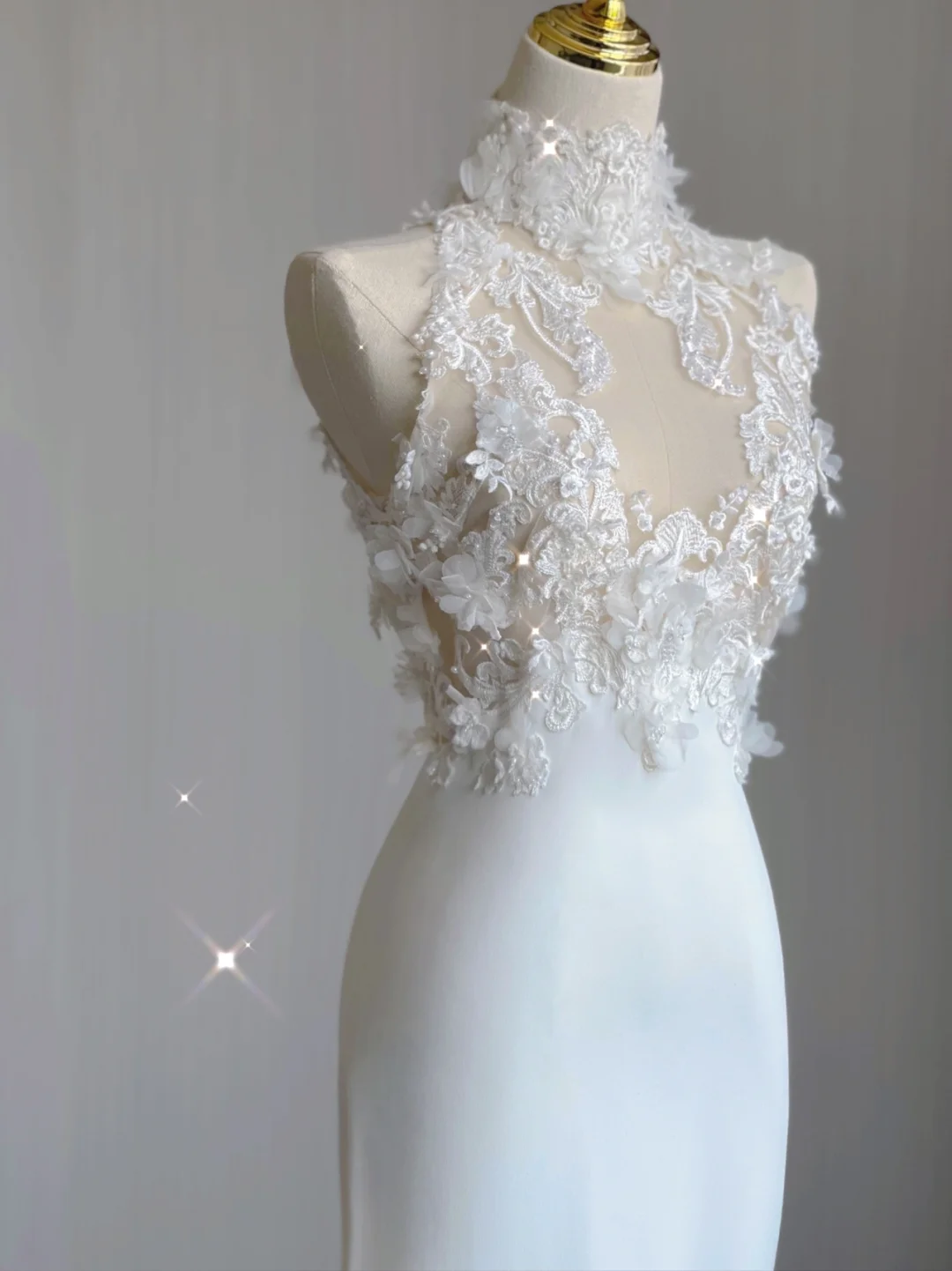 Classy Elegant Mermaid High Neckline Long Sleeves Lace Satin Wedding Dresses Brides Dress DP345