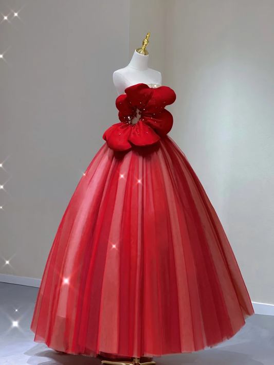 Pretty Ball Gown Strapless Red Tulle Long Prom Dresses Evening Dresses DP346