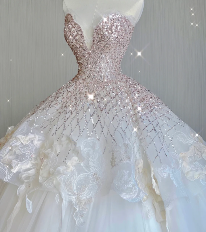 Unique Ball Gown Sweetheart Sequin Long White Wedding Dresses Brides Dress DP418