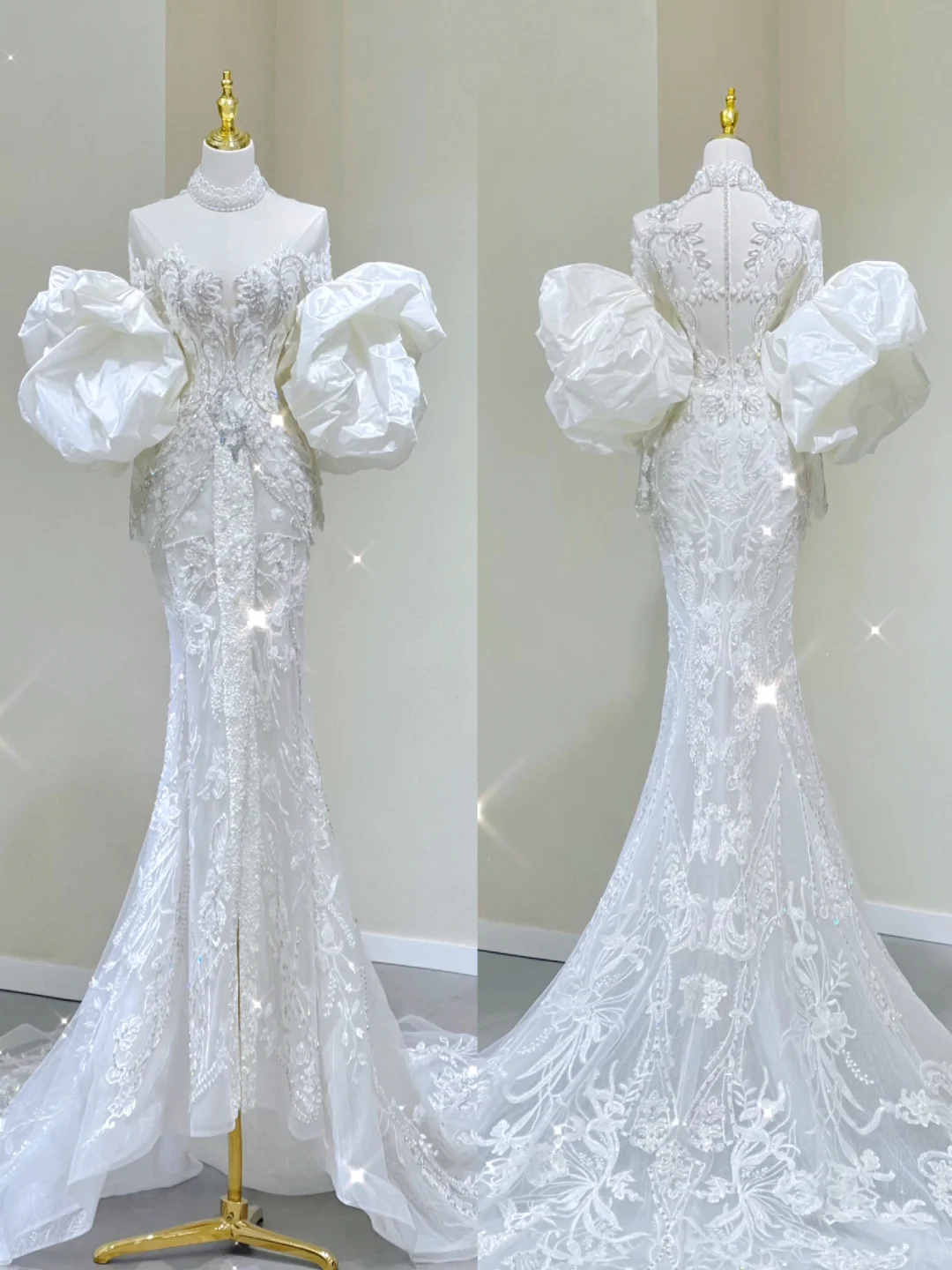 Luxury Mermaid High Neckline Long Sleeves Lace White Wedding Dresses Brides Dress DP437