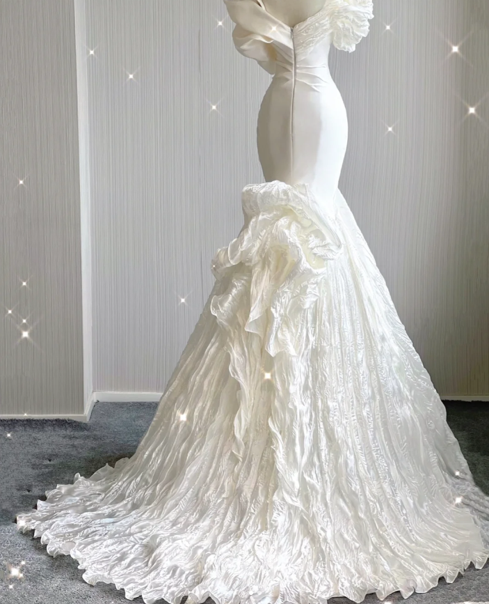 Timeless Mermaid Off The Shoulder White Short Sleeves Wedding Dresses Brides Dress DP439