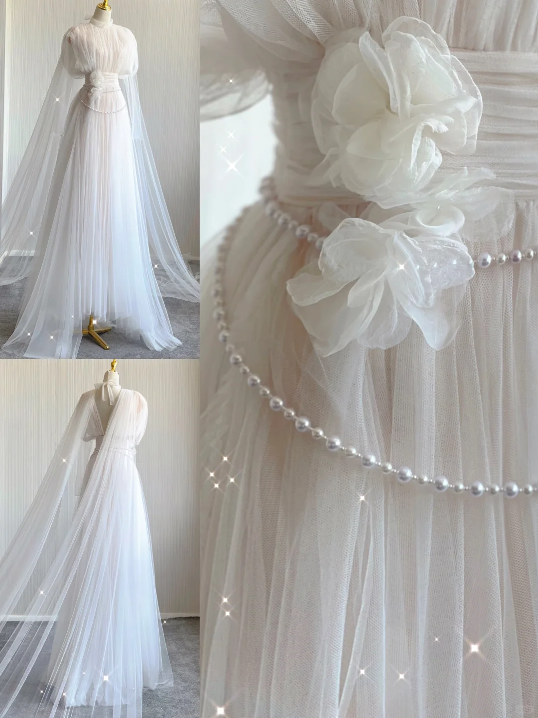 Unique A Line High Neckline Tulle Long Wedding Dresses White Brides Dress DP443