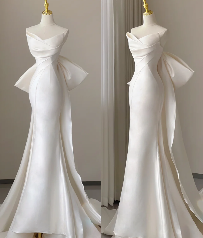 Classy Elegant Mermaid Sweetheart White Satin Wedding Dresses Brides Dress DP447