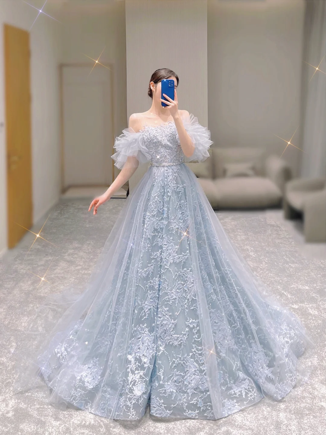Classy Ball Gown Off The Shoulder Blue Tulle Prom Dresses Birthday Dresses Dance Party Dress Graduation Prom Dresses DP497