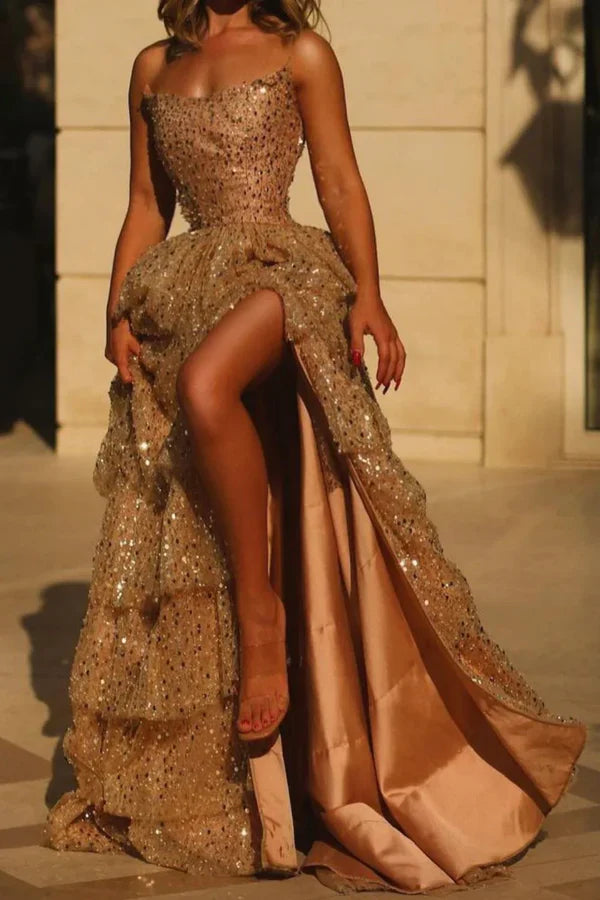 Pretty Sparkly A Line Strapless Black Corset Prom Dress Ruffle Tiered With Slit Graduation Dress DP497