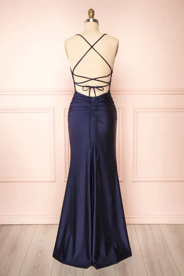 Simple Navy Blue Mermaid Prom Dress Long Satin Evening Gown Graduation Dresses DP523