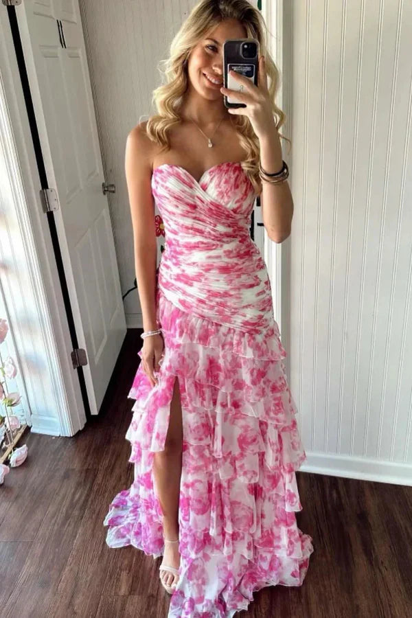 Simple Mermaid Strapless Floral Printed Chiffon Prom Dress with Slit Graduation Dresses DP524