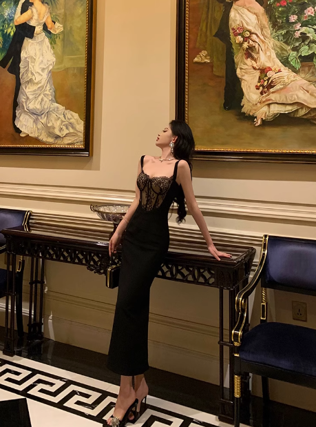 Elegant Mermaid Spaghetti Straps Black Lace Sleeveless 18th Birthday Dress Party Gown Birthday Outfits Birthday Dress Ideas For Women DP568