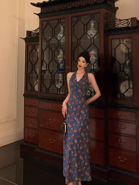 Classy Mermaid V Neckline Blue Floral 18th Birthday Dress Party Gown 21st Birthday Outfits Birthday Dress Ideas For Women DP569