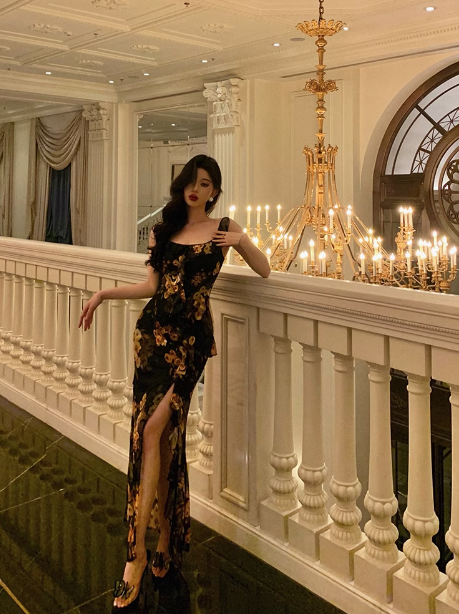 Elegant Mermaid Black Floral Chiffon 18th Birthday Dress Party Gown Birthday Outfits Birthday Dress Ideas For Women DP603