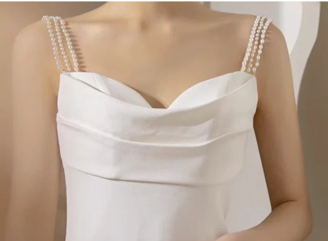 Simple White Mermaid Straps Pearls Wedding Dress Summer Wedding Dress DP616