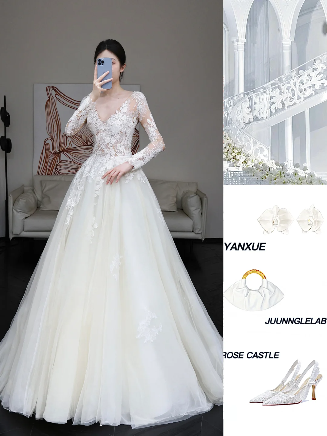 Unique Bridal Gown Ball Gown V Neckline Long Sleeves White Lace Wedding Dresses Bridal Gowns DP659
