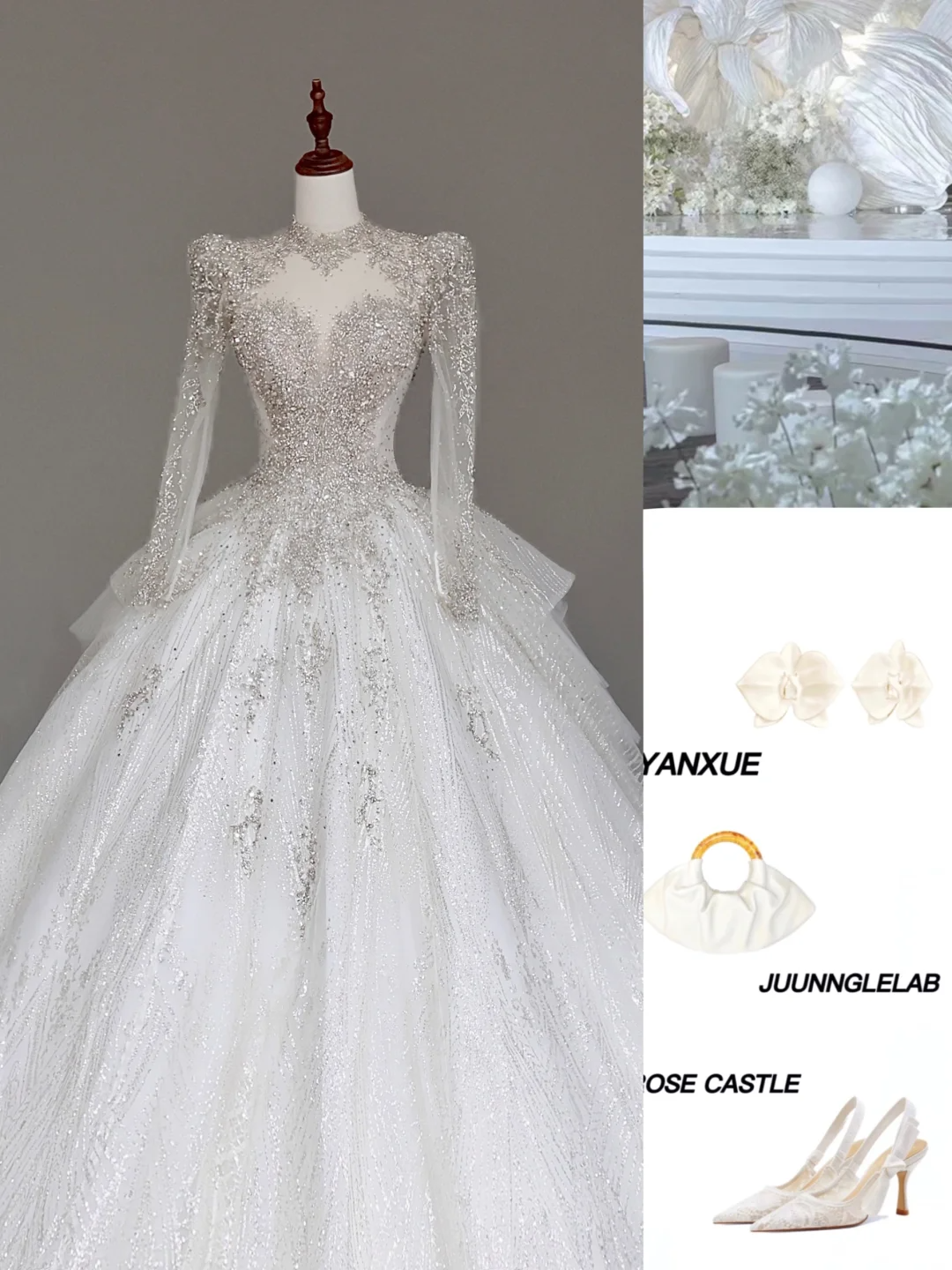 Unique Bridal Gown Ball Gown High Neckline Long Sleeves White Lace Wedding Dresses Bridal Gowns DP667