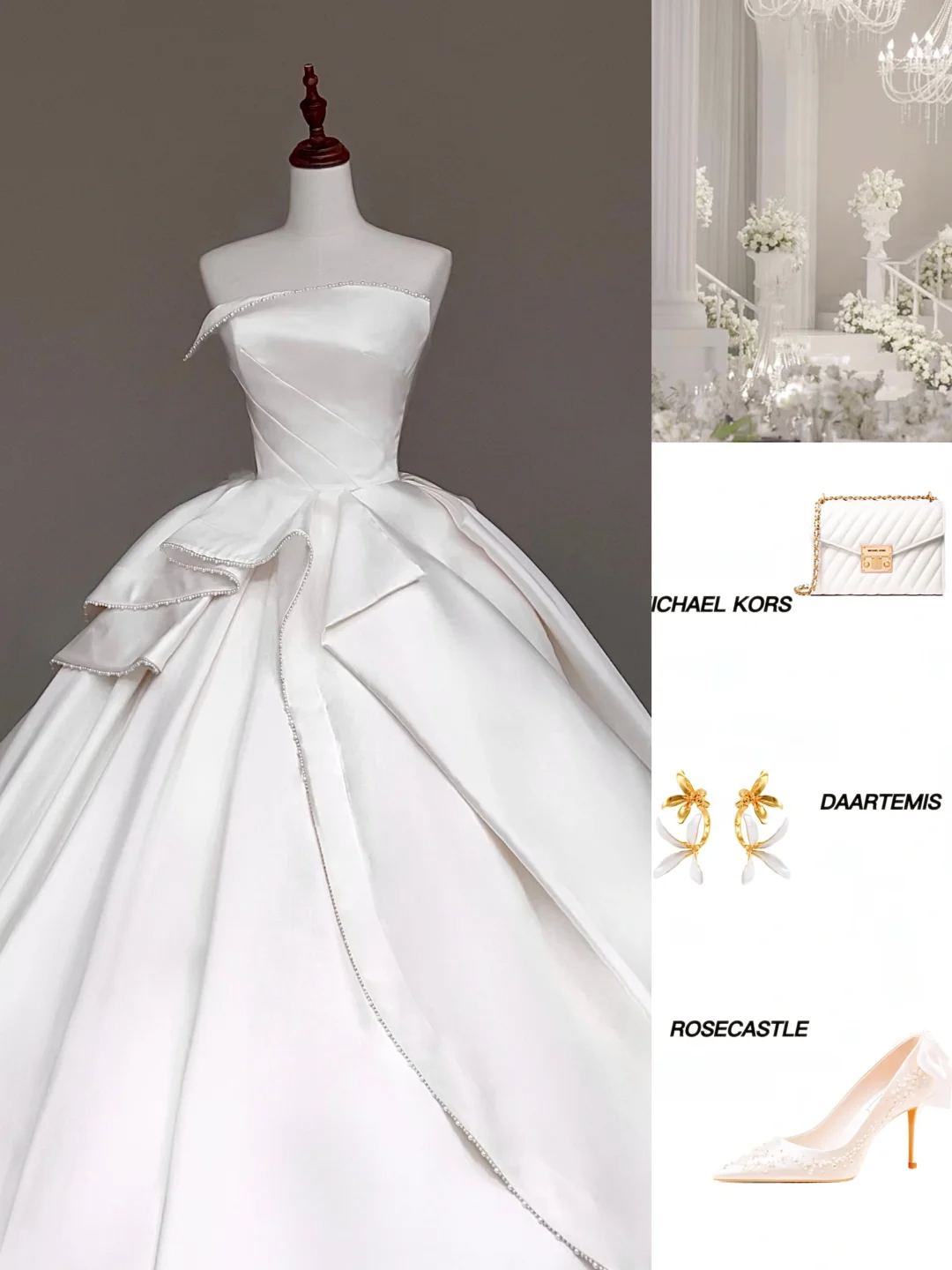 Unique Bridal Gown Ball Gown Strapless Pearls White Satin Wedding Dresses Bridal Gowns DP676
