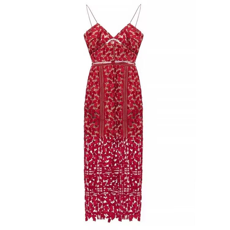 Classy Sheath Spaghetti Straps Red Lace Prom Dresses Summer Wedding Guest Dresses Wedding Guest Outfits DP748