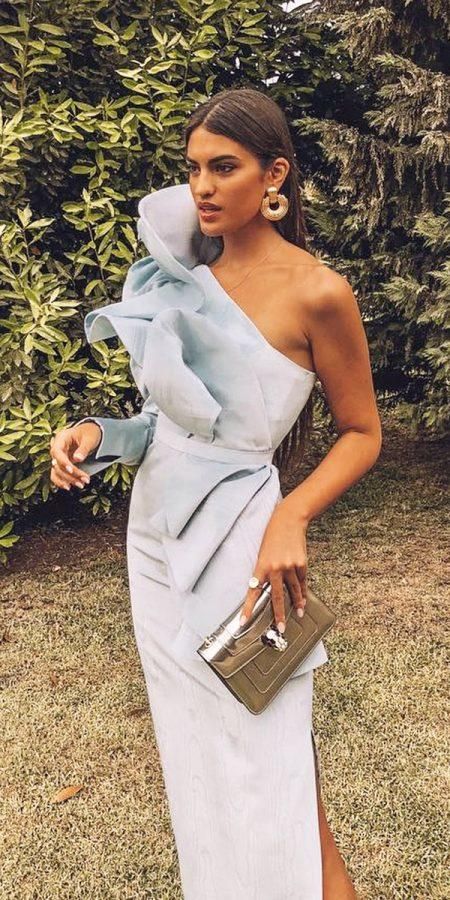Classy Sheath One Shoulder Light Blue Organza Prom Dresses Summer Wedding Guest Dresses Wedding Guest Outfits DP749