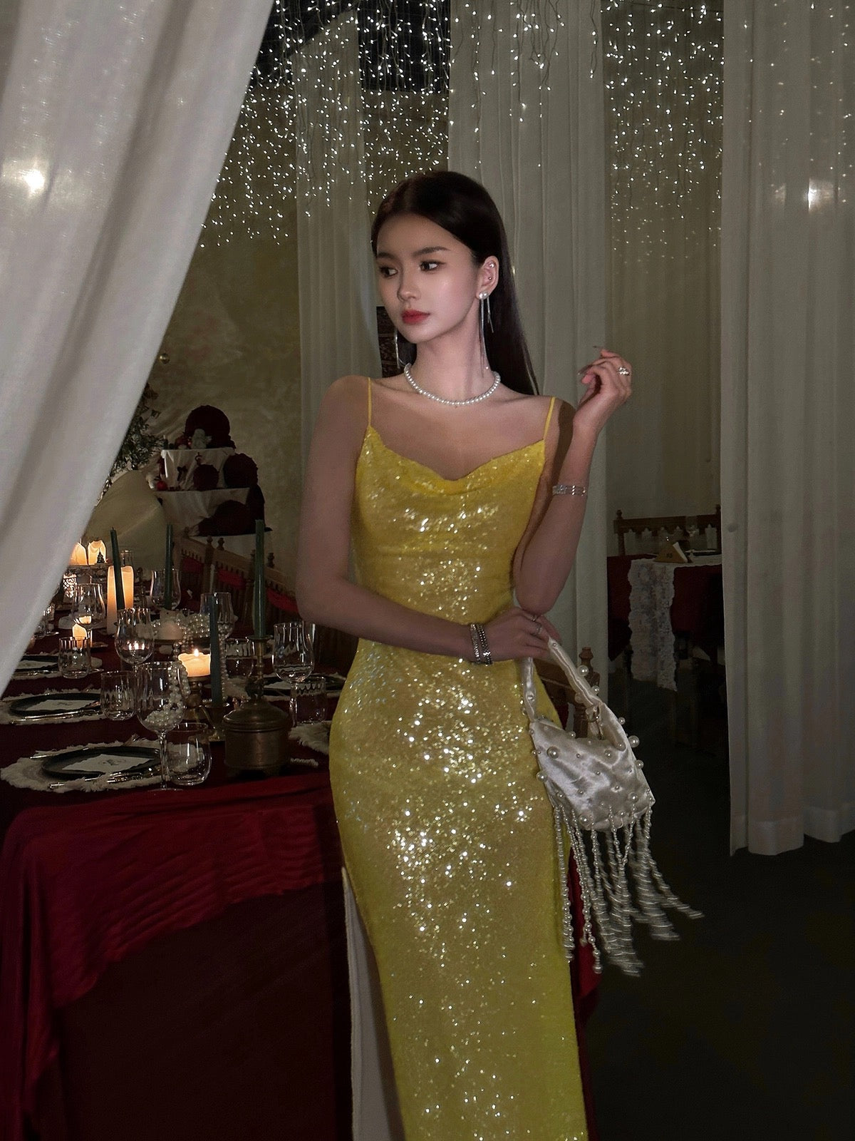 Classy Mermaid Spaghetti Straps Yellow Sequin Prom Dresses Summer Wedding Guest Dresses Wedding Guest Outfits DP751
