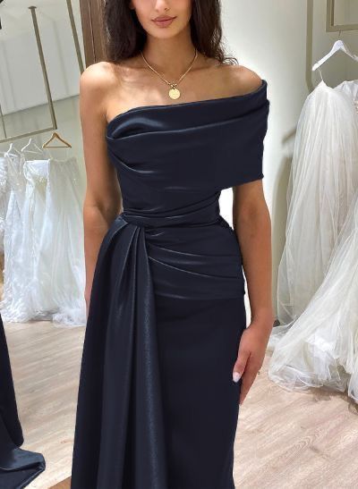 Classy Sheath Off The Shoulder Satin Navy Blue Prom Dresses Summer Wedding Guest Dresses Wedding Guest Outfits DP777