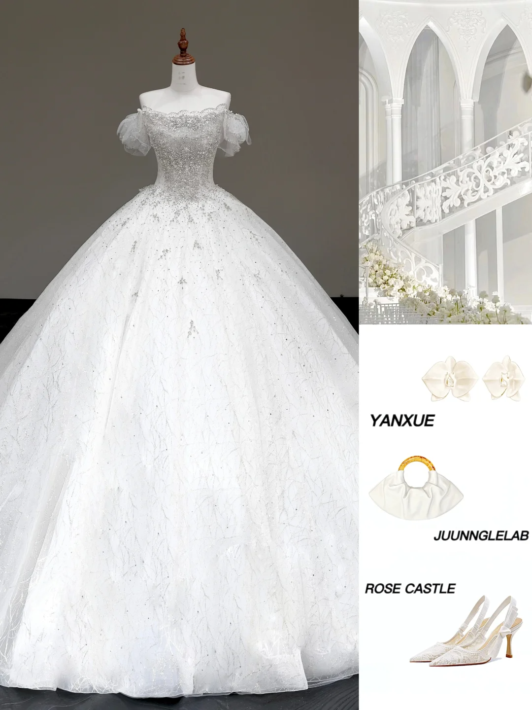 Classy Elegant Ball Gown Off The Shoulder Sequin White Short Sleeves Wedding Dress Brides Dress DP793