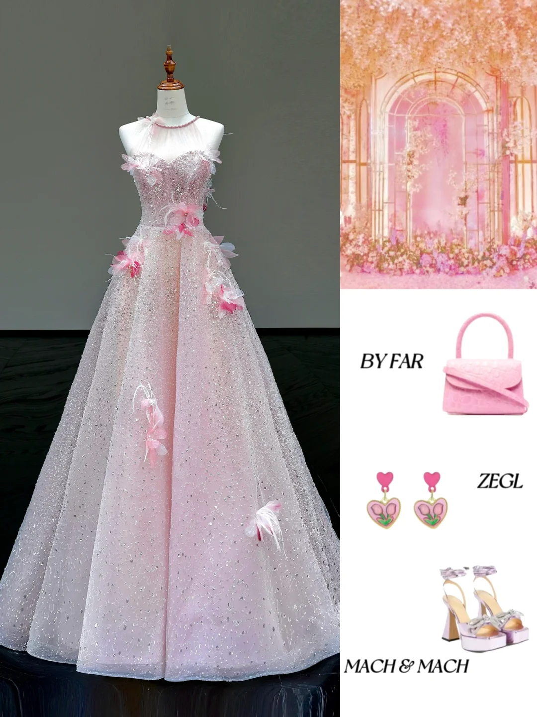 Stunning Ball Gown High Neckline Pink Sequin Long Prom Dress Party Dress Graduation Dresses DP804