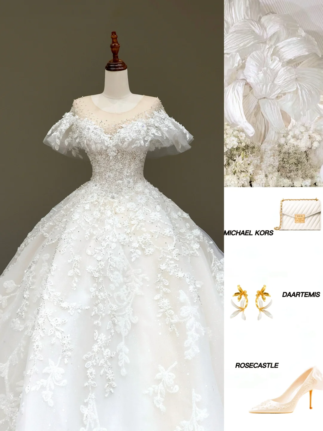 Princess Bridal Gown Ball Gown Scoop Satin White Beads Wedding Dresses With Sleeves Bridal Gowns DP823