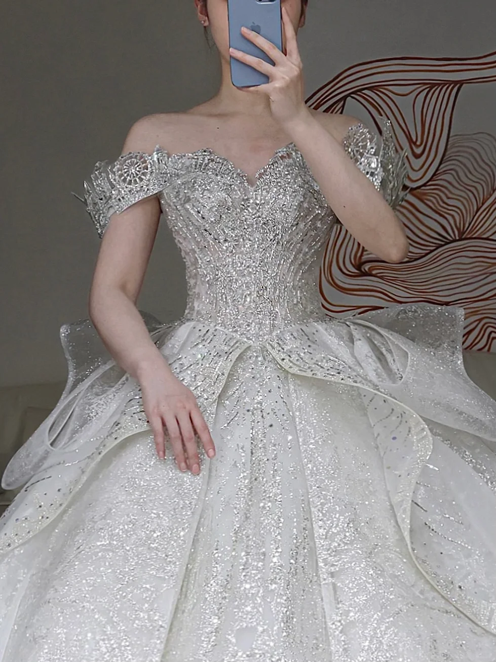 Classy Elegant Ball Gown Off The Shoulder Sequin White Short Sleeves Wedding Dress Winter Brides Dress DP855
