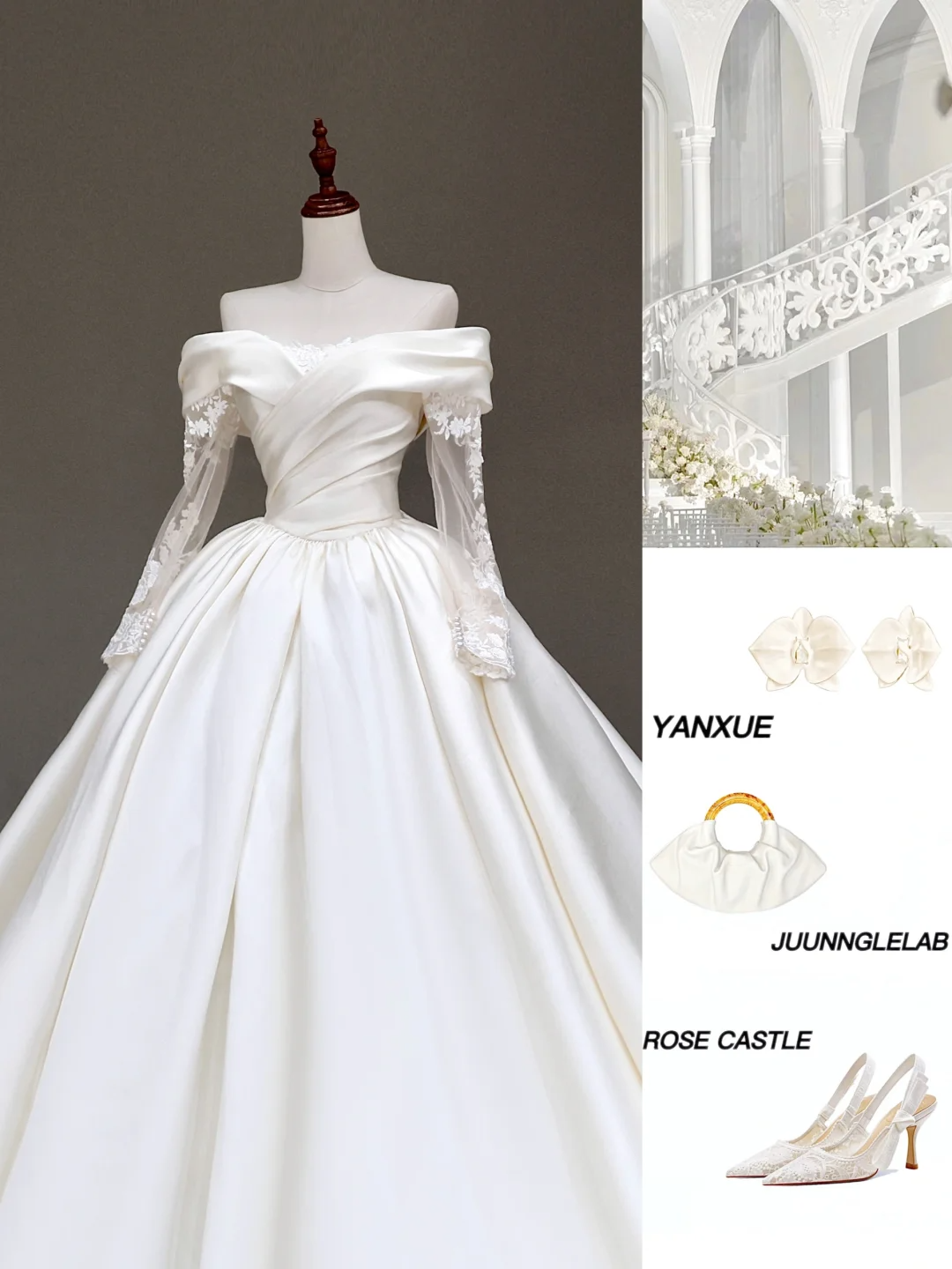 Timeless Bridal Gown Ball Gown Off The Shoulder Satin Long Sleeves Wedding Dresses Bridal Gowns DP856