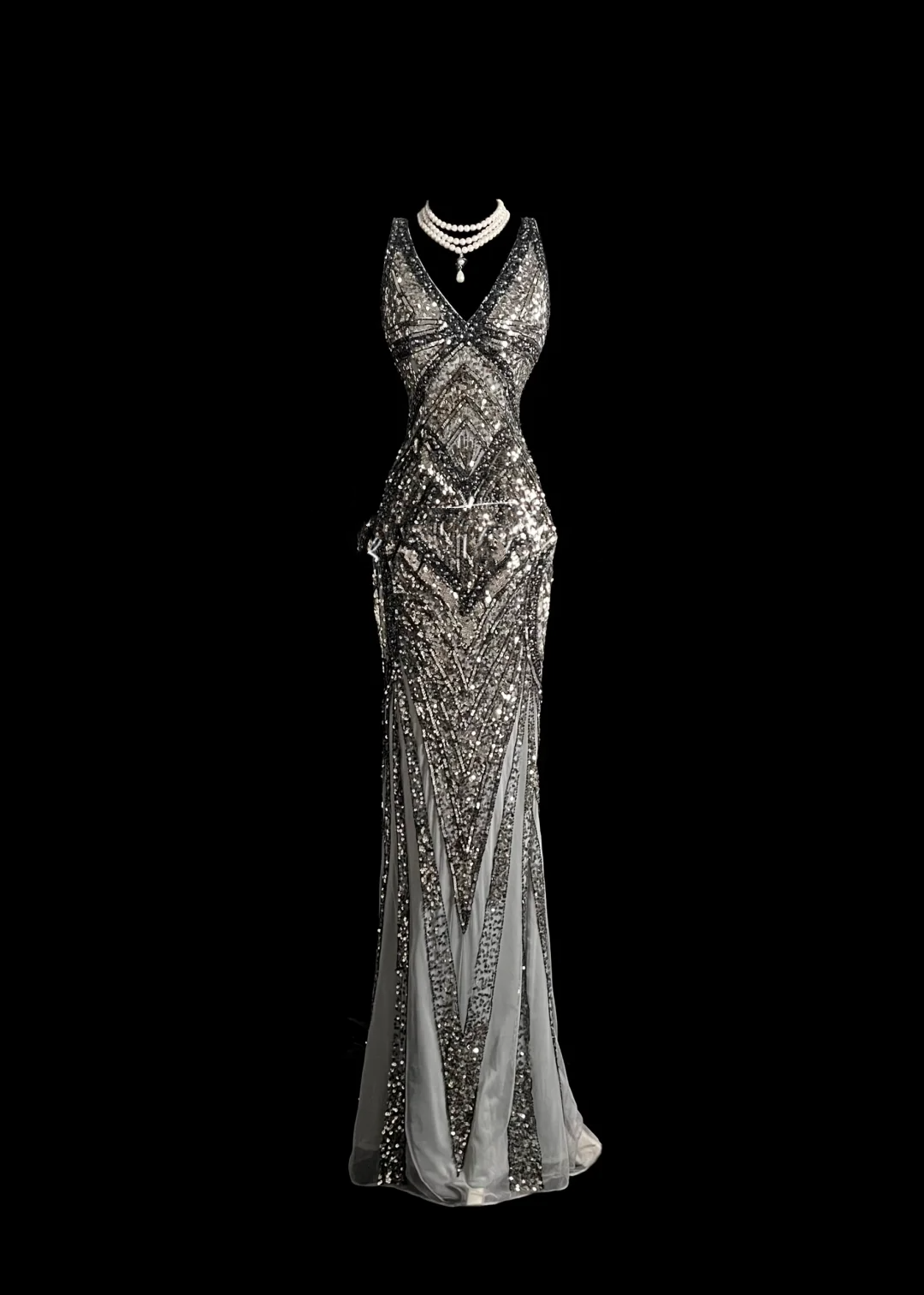 Elegant Glamour Mermaid V Neck Sequin Gray Backless Long Prom Dresses Party Dress Evening Dress DP910
