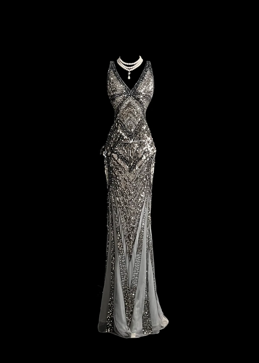 Elegant Glamour Mermaid V Neck Sequin Gray Backless Long Prom Dresses Party Dress Evening Dress DP910