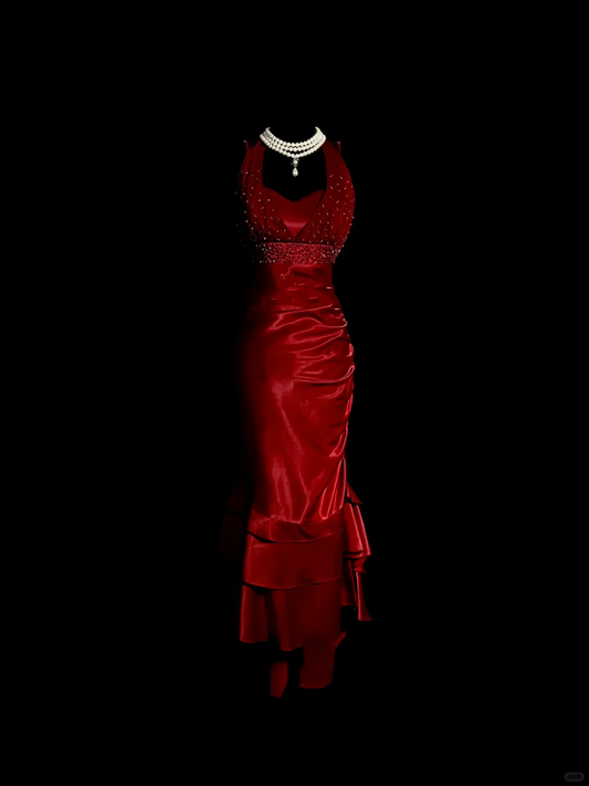 Vintage Mermaid Halter Sleeveless Red Satin Long Prom Dresses Ruffles Evening Gowns Evening Dress DP942