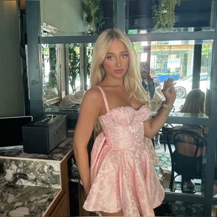 Cute A line Pink Spaghetti Straps Short Summer Lace Birthday Dress Hoco Dress Birthday Outfit 19th Birthday Mini Party Dresses DP969