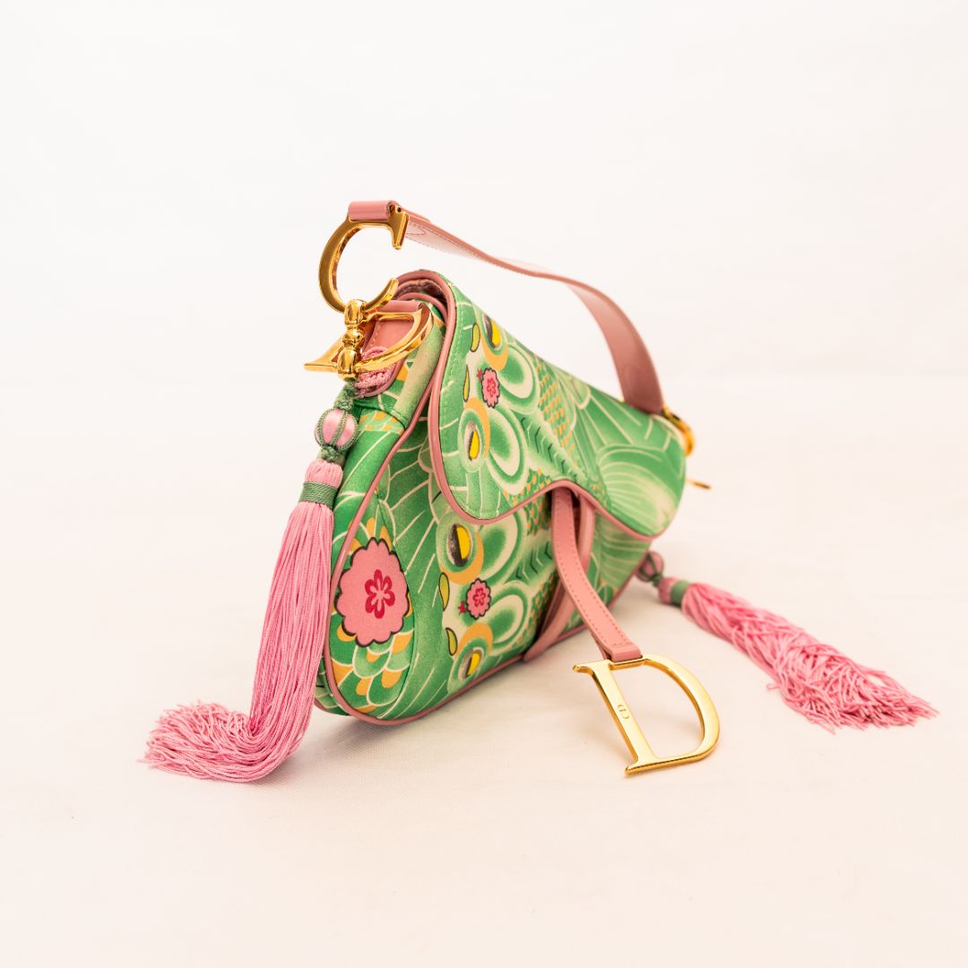 Dior Pink/Green printed satin glazed leather limited edition 0705 saddle bag