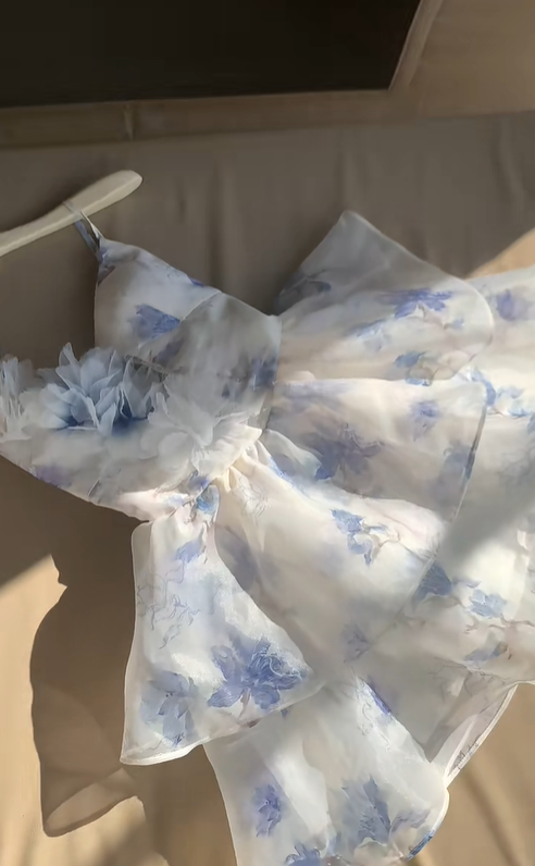 Beautiful Blue Chiffon Print Floral Short Holiday Dress Spaghetti Straps A Line Homecoming Dress S405