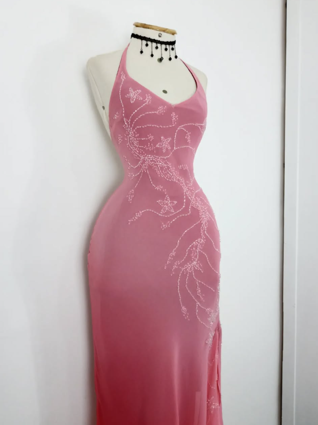 Retro Mermaid Halter Pink Ombre Beaded Chiffon Open Back Prom Dress Evening Dress SH3368