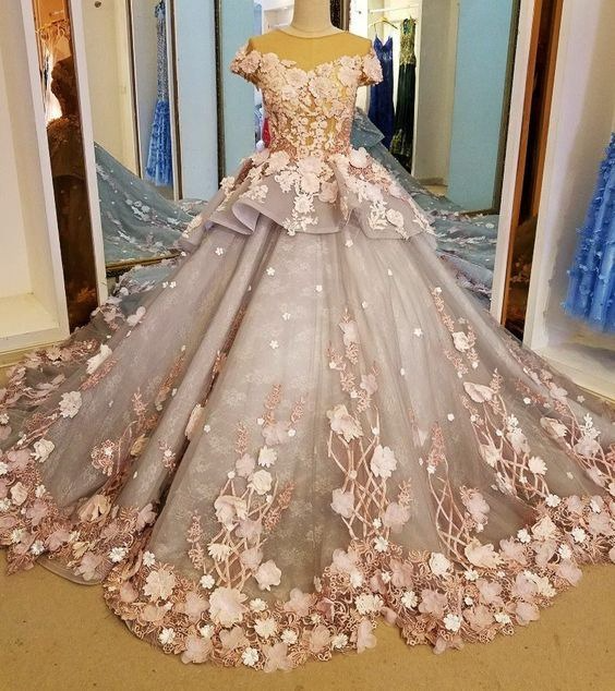 Light pink gorgeous delicate floral applique long tulle floor length train ball gown evening dress gh3324
