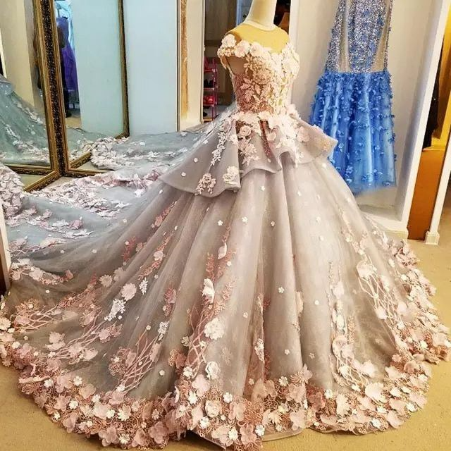 Light pink gorgeous delicate floral applique long tulle floor length train ball gown evening dress gh3324