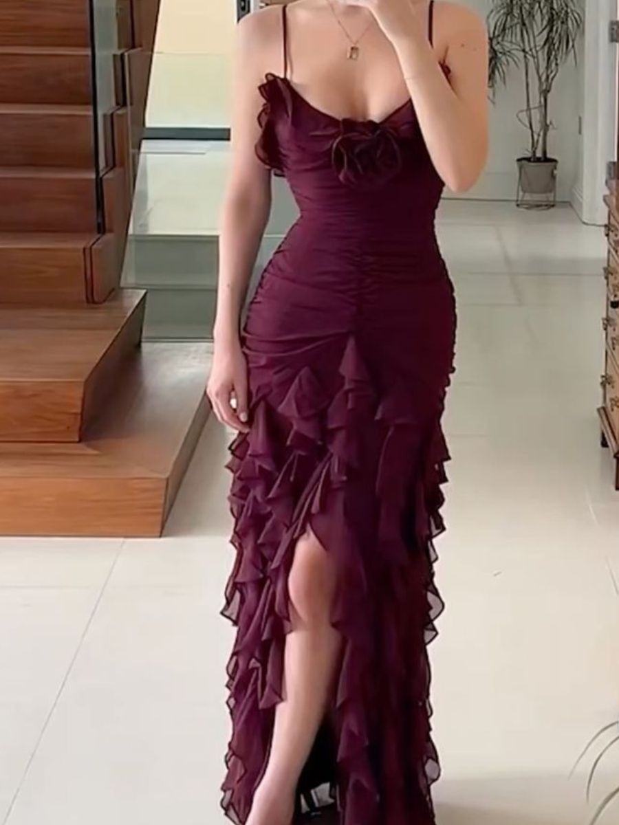 Purple Elegant Sexy Spaghetti Strap Ankle Length Chiffon Ruffle prom Evening Dress Party Dress gh3320
