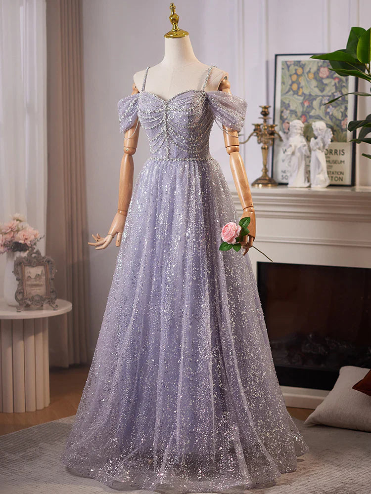 A-Line Sweetheart Neck Off Shoulder Tulle Sequin Gray Blue Long Prom Dress ED004