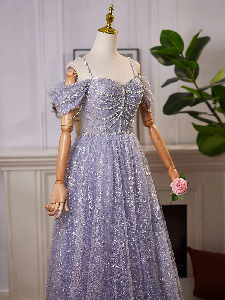 A-Line Sweetheart Neck Off Shoulder Tulle Sequin Gray Blue Long Prom Dress ED004