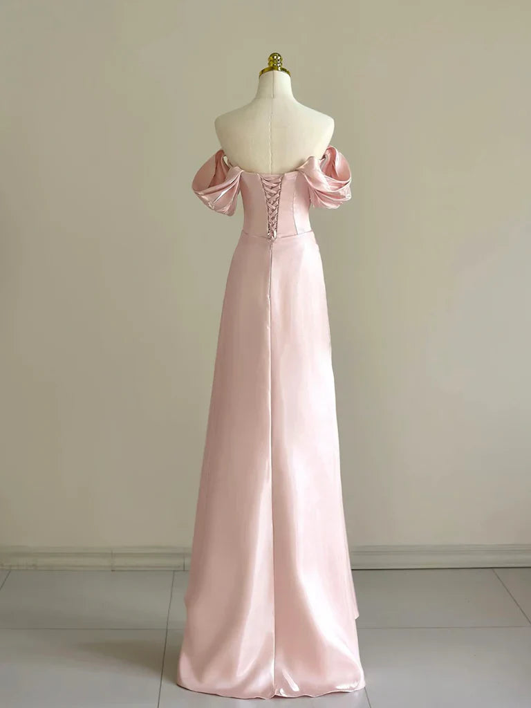 Pink A-Line Satin Long Prom Dress, Off Shoulder Pink Long Evening Dress ED005