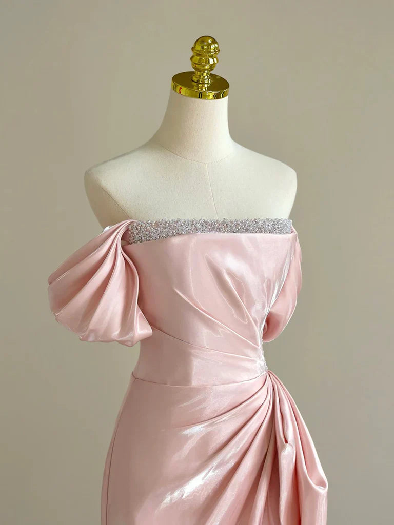 Pink A-Line Satin Long Prom Dress, Off Shoulder Pink Long Evening Dress ED005