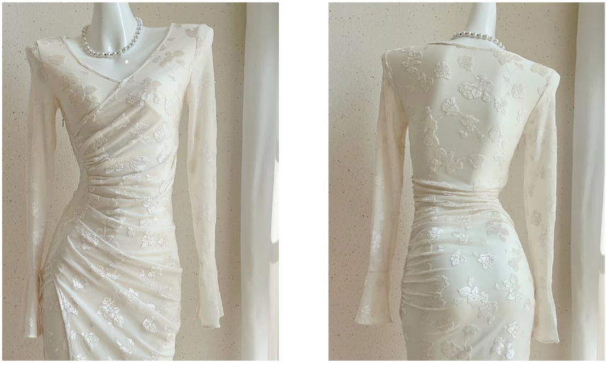 French White Flocked Long Sleeve Dress ED01012