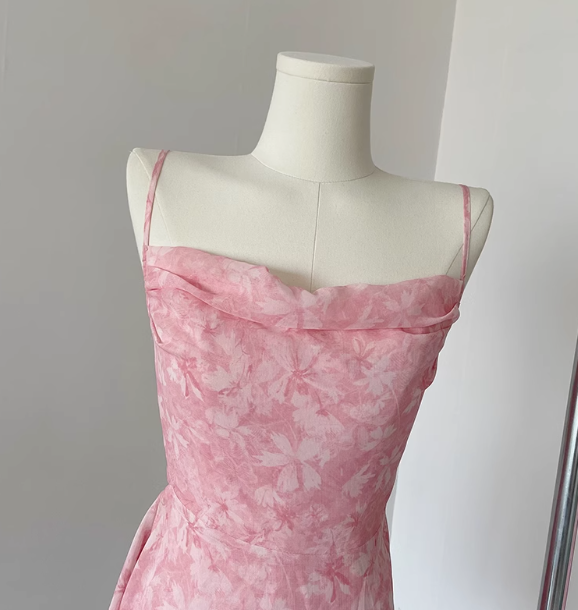 Pink romantic floral suspender dress ED01015