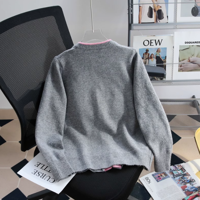 Contrast color crew neck knitted cardigan ED01019